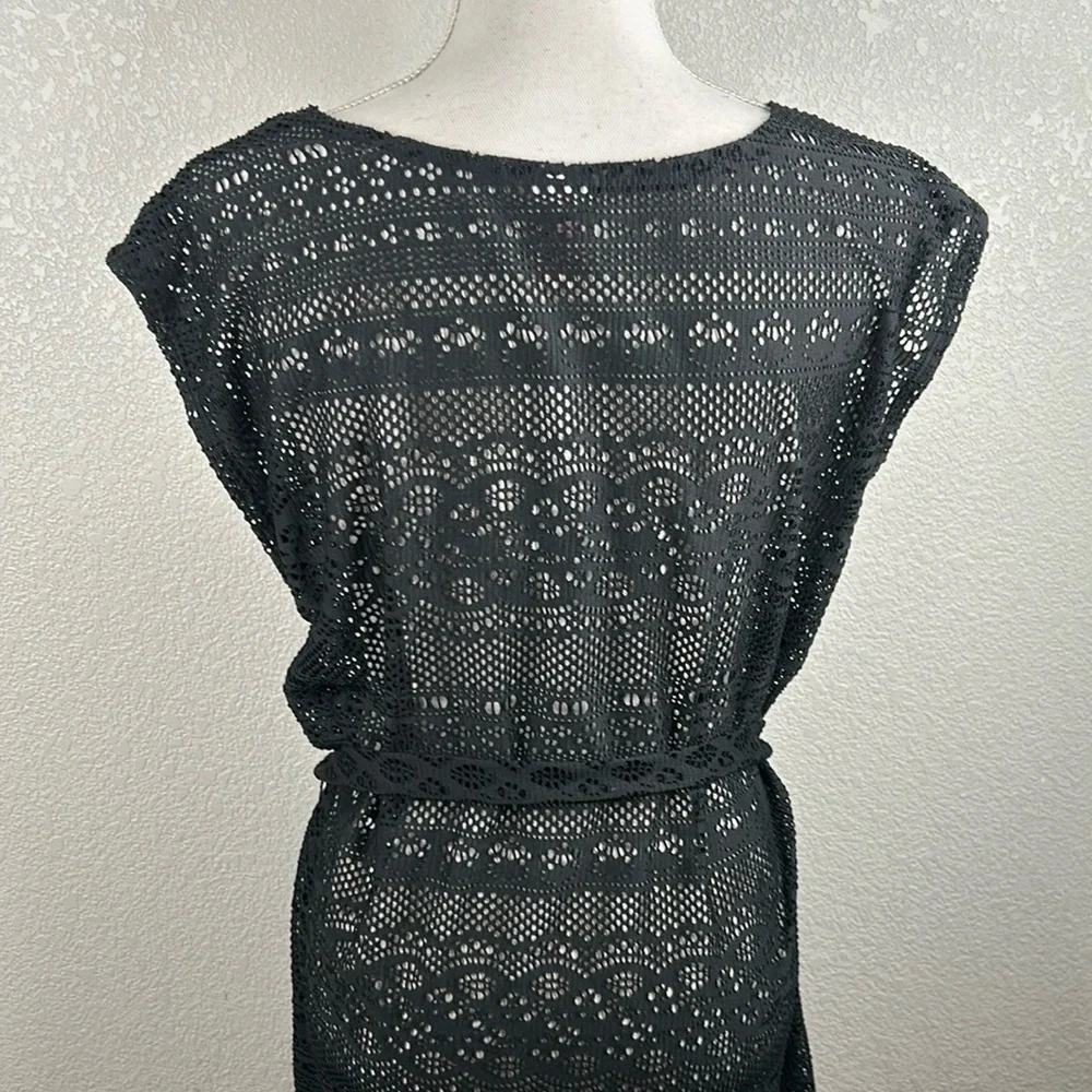 Merona Black Open Mesh Short Sleeve Swimsuit Cover Up with Front Tie Size Medium